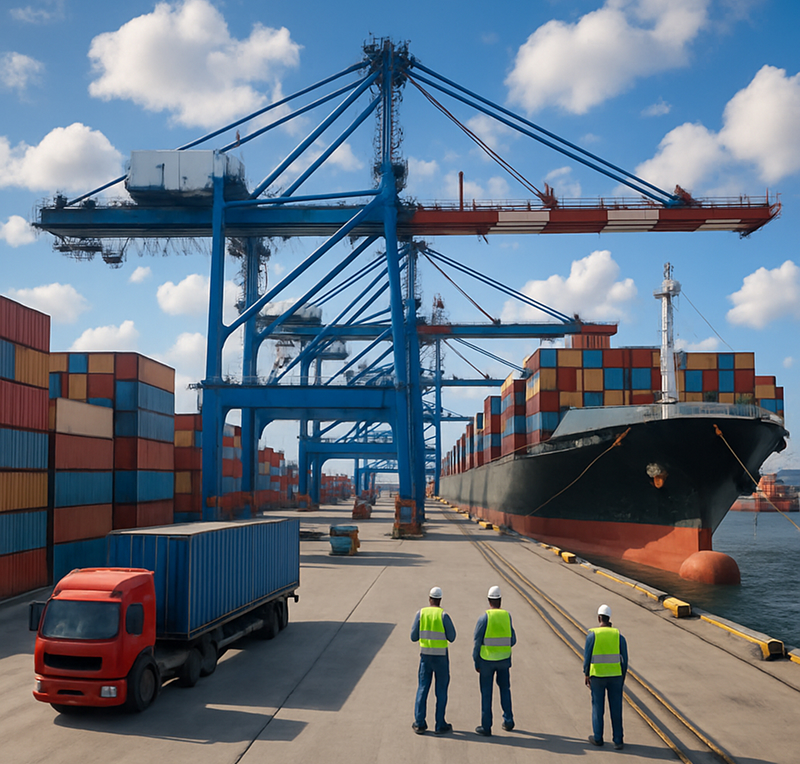 Marine port with containers and cranes